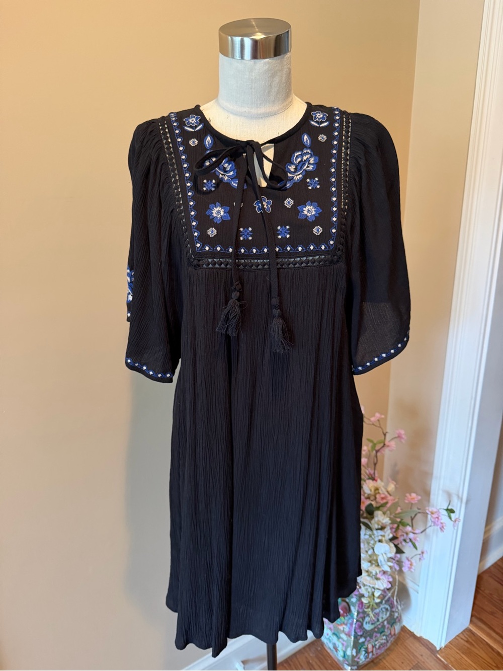 Francesca’s Blue Rain Black Mini Dress with Blue Floral Embroidery